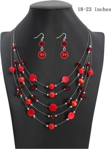 Layered Bead Statement Necklace For Women with Handmade Colorful Shell Boho Turquoise Green Red Stone Fashion choker Illusion Necklace Costume Trendy Jewelry Gifts for Western Women in Kuwait