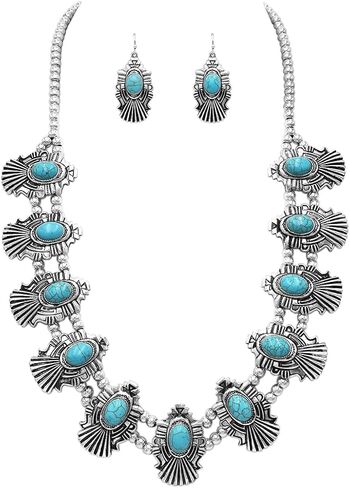 Rosemarie & Jubalee Women's Unique South Western Turquoise Howlite Squash Blossom Necklace Earrings Set, 27"-30" with 3" Extension in Kuwait