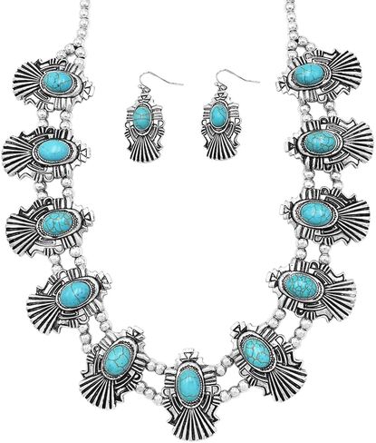Rosemarie & Jubalee Women's Unique South Western Turquoise Howlite Squash Blossom Necklace Earrings Set, 27"-30" with 3" Extension in Kuwait