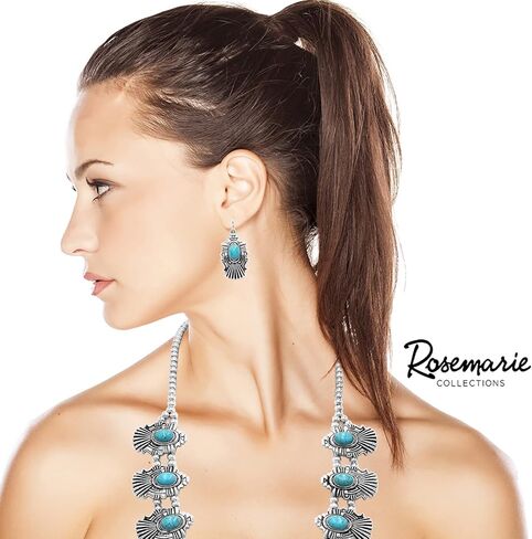 Rosemarie & Jubalee Women's Unique South Western Turquoise Howlite Squash Blossom Necklace Earrings Set, 27"-30" with 3" Extension in Kuwait