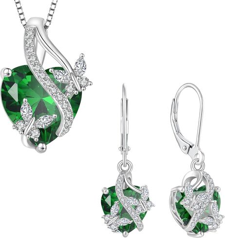 925 Sterling Silver Heart Butterfly Pendant Necklace Earrings Women Jewelry Set Gift with Birthstone Created Emerald in Kuwait