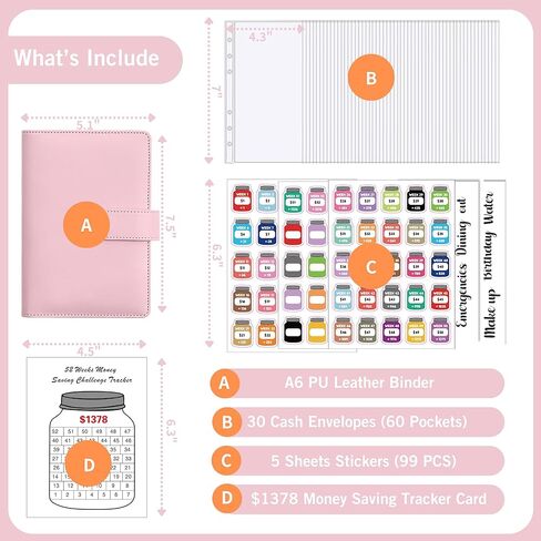 مجموعة مجلد توفير المال، مجلد ميزانية A6 مع مغلفات، مجلد تحدي توفير المال لمدة 52 أسبوعًا مع مغلفات نقدية، ملصقات وأجهزة تتبع بقيمة 1378 دولارًا أمريكيًا in Kuwait