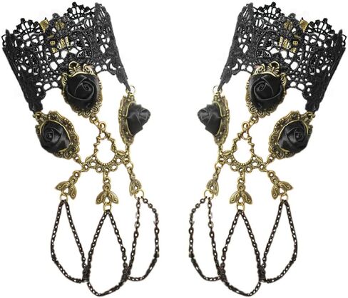 Gothic Black Lace Bracelet with Finger Ring Steampunk Vampire Wristband Ring Victorian Costume Party Vintage Wedding Prom Festival Hand Chain Jewelry for Women Girls 1 Pair - S085 in Saudi Arabia