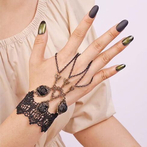 Gothic Black Lace Bracelet with Finger Ring Steampunk Vampire Wristband Ring Victorian Costume Party Vintage Wedding Prom Festival Hand Chain Jewelry for Women Girls 1 Pair - S085 in Saudi Arabia