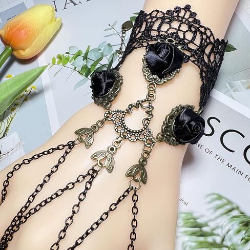 Gothic Black Lace Bracelet with Finger Ring Steampunk Vampire Wristband Ring Victorian Costume Party Vintage Wedding Prom Festival Hand Chain Jewelry for Women Girls 1 Pair - S085 in Saudi Arabia