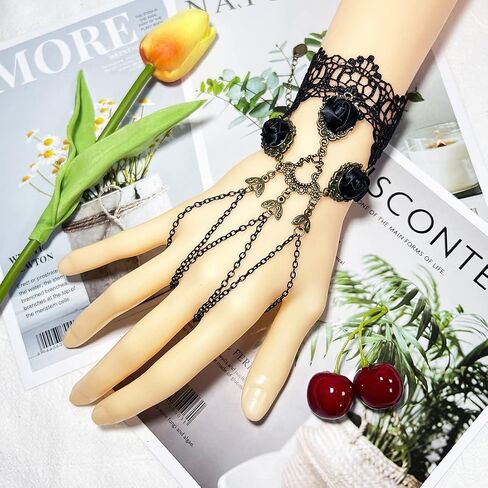 Gothic Black Lace Bracelet with Finger Ring Steampunk Vampire Wristband Ring Victorian Costume Party Vintage Wedding Prom Festival Hand Chain Jewelry for Women Girls 1 Pair - S085 in Saudi Arabia