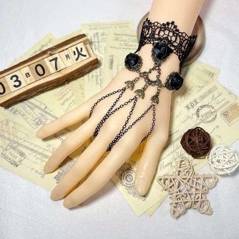 Gothic Black Lace Bracelet with Finger Ring Steampunk Vampire Wristband Ring Victorian Costume Party Vintage Wedding Prom Festival Hand Chain Jewelry for Women Girls 1 Pair - S085 in Saudi Arabia
