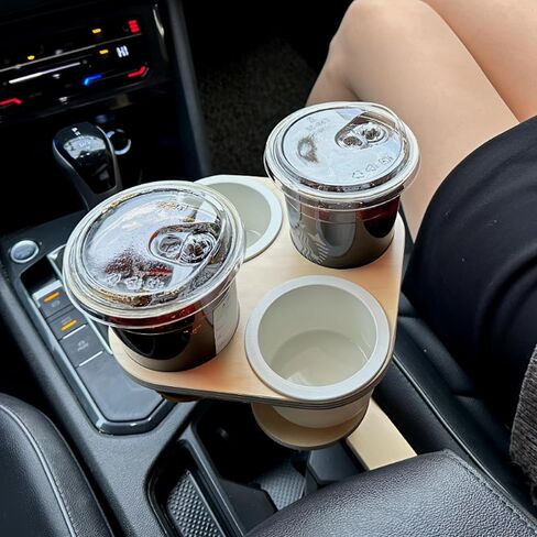 Sip Sanctuary: 4-in-1 Wooden Car Cup Holder, Seat Gap Filler Type - Front Passenger Seat Organizer w/Universal Fit, Multi Beverage Storage Insert, Road Trip Essential Gift for Taxi, RVs, Truck Drivers in Kuwait