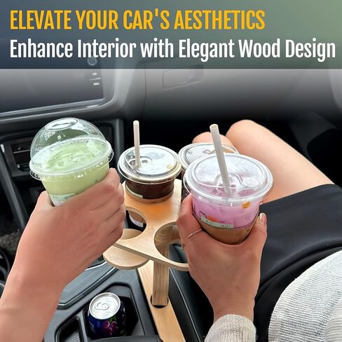 Sip Sanctuary: 4-in-1 Wooden Car Cup Holder, Seat Gap Filler Type - Front Passenger Seat Organizer w/Universal Fit, Multi Beverage Storage Insert, Road Trip Essential Gift for Taxi, RVs, Truck Drivers in Kuwait