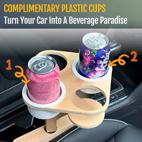 Sip Sanctuary: 4-in-1 Wooden Car Cup Holder, Seat Gap Filler Type - Front Passenger Seat Organizer w/Universal Fit, Multi Beverage Storage Insert, Road Trip Essential Gift for Taxi, RVs, Truck Drivers in Kuwait