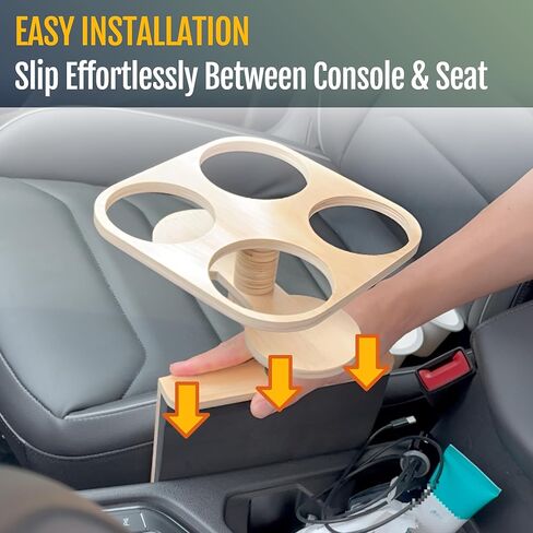 Sip Sanctuary: 4-in-1 Wooden Car Cup Holder, Seat Gap Filler Type - Front Passenger Seat Organizer w/Universal Fit, Multi Beverage Storage Insert, Road Trip Essential Gift for Taxi, RVs, Truck Drivers in Kuwait
