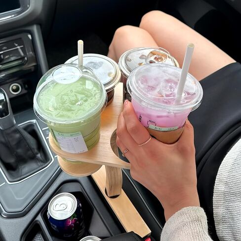 Sip Sanctuary: 4-in-1 Wooden Car Cup Holder, Seat Gap Filler Type - Front Passenger Seat Organizer w/Universal Fit, Multi Beverage Storage Insert, Road Trip Essential Gift for Taxi, RVs, Truck Drivers in Kuwait