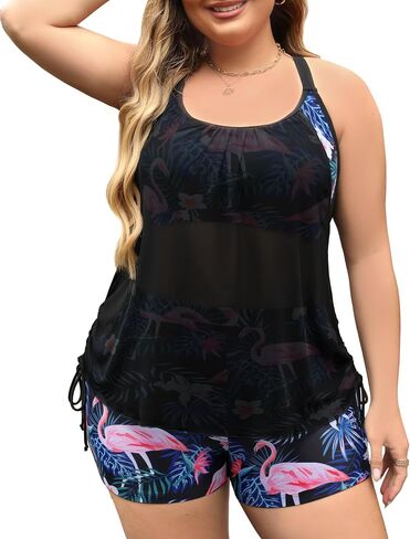 Plus Size Tankini Women Tummy Control 2PC Swimwear with Drawstring Shorts | Drawstring top ,Blouson swimwear,Tummy Control,Removable pads , Adjustable straps,Modest flowy top in Saudi Arabia