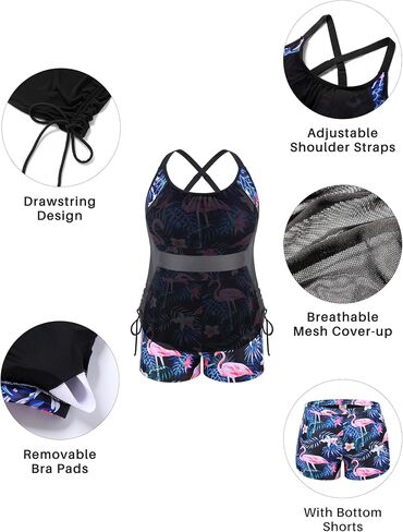 Plus Size Tankini Women Tummy Control 2PC Swimwear with Drawstring Shorts | Drawstring top ,Blouson swimwear,Tummy Control,Removable pads , Adjustable straps,Modest flowy top in Saudi Arabia