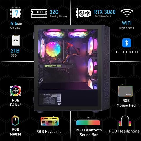 كمبيوتر سطح المكتب للألعاب STGAubron، Intel Core i7-8700 حتى 4.6G، GeForce RTX 3060 12GB GDDR6، 32G DDR4، 2T SSD، WiFi، BT 5.0، لوحة مفاتيح RGB، ماوس RGB، لوحة ماوس RGB، شريط صوت بلوتوث RGB، ميكروفون سماعة رأس، W11H64 in Kuwait