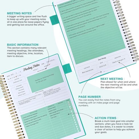 دفتر اجتماعات لتنظيم العمل، مخطط مشروع لتدوين الملاحظات، جدول الأعمال، عناصر العمل، مخطط حلزوني B5 مقاس 7x10 بوصة (أزرق مخضر) in Saudi Arabia
