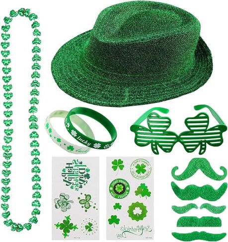مجموعة إكسسوارات عيد القديس باتريك تتضمن قبعة خضراء ونظارات شامروك وقلائد ولحية خضراء وشم مؤقت in Kuwait
