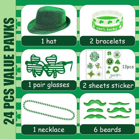 مجموعة إكسسوارات عيد القديس باتريك تتضمن قبعة خضراء ونظارات شامروك وقلائد ولحية خضراء وشم مؤقت in Kuwait