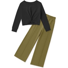 Girls Fall Outfits Fashion Solid Long Sleeve Twist Crop Tops and Wide Leg Pants Girls Clothing Set in Kuwait
