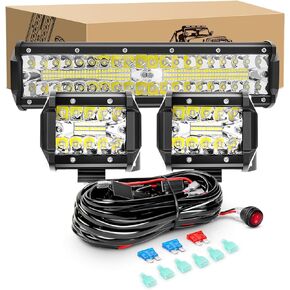 LED Light Bar 12Inch 300W & 2PCS 4Inch 60W Spot Flood Light Pods, KINGOPT LED High Brightness with Wiring Harness Kit Fog Lamps Driving Boat Work Lights for Truck SUV ATV UTV Golf Car Jeep Automatic in Saudi Arabia