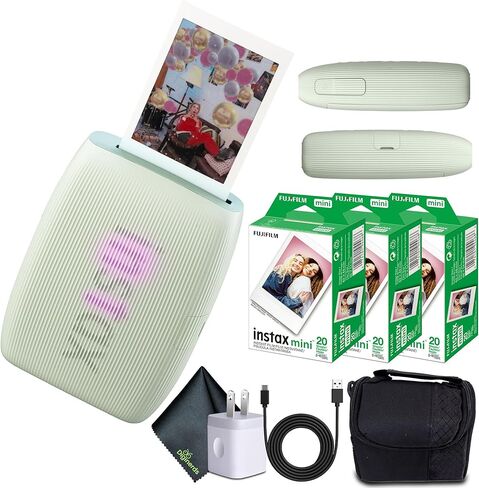 طابعة Fujifilm INSTAX Mini Link 3 للهواتف الذكية (وردي وردي) + حقيبة سفر صغيرة + 3X فيلم INSTAX Mini الفوري (60 ورقة) + محول شحن طاقة USB + قطعة قماش للتنظيف من الألياف الدقيقة من Diginerds in Saudi Arabia