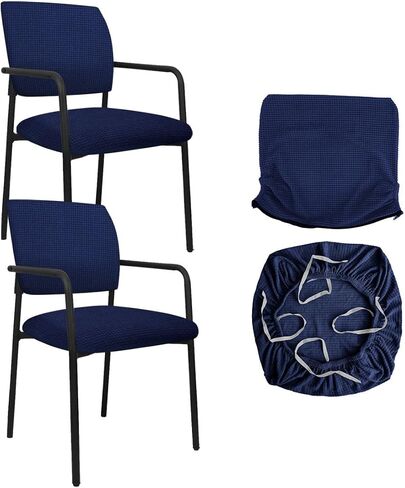 Stretch Office Guest Chair Cover 2-Piece Split Protective Armchair Slipcover Jacquard Chair Cover with Arms for Office Reception School Church Guest, Set of 2, Large, Navy Blue in Kuwait