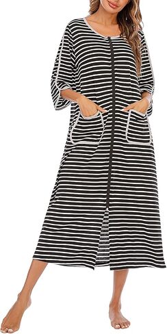 Womens Zipper Front House Dress Long Robes 3/4 Sleeves Striped Nightgowns Loungewear Bathrobes with Pockets in Kuwait