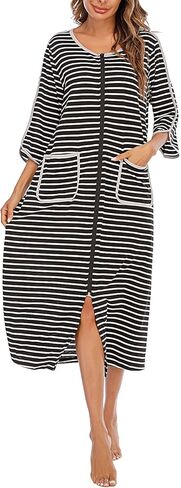 Womens Zipper Front House Dress Long Robes 3/4 Sleeves Striped Nightgowns Loungewear Bathrobes with Pockets in Kuwait