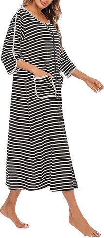 Womens Zipper Front House Dress Long Robes 3/4 Sleeves Striped Nightgowns Loungewear Bathrobes with Pockets in Kuwait