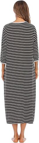 Womens Zipper Front House Dress Long Robes 3/4 Sleeves Striped Nightgowns Loungewear Bathrobes with Pockets in Kuwait