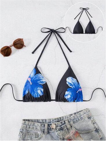 Verdusa Women's Reversible Floral Print Triangle Halter Bikini Tops Tie Backless Swimwear Top in Saudi Arabia