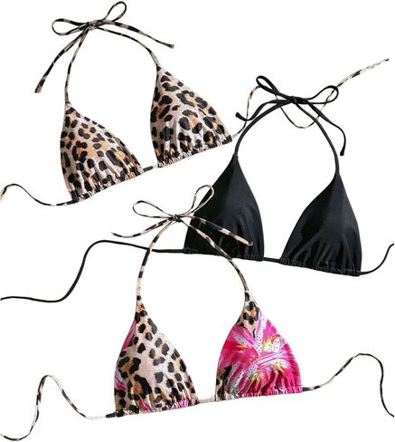 Verdusa نساء 3PACK Leopard Floral Halter Bikini Top String Triangle Tops in Saudi Arabia