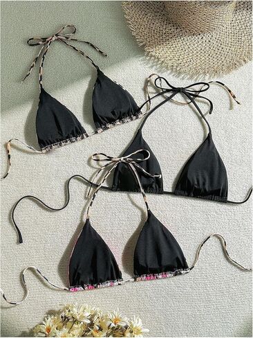 Verdusa نساء 3PACK Leopard Floral Halter Bikini Top String Triangle Tops in Saudi Arabia