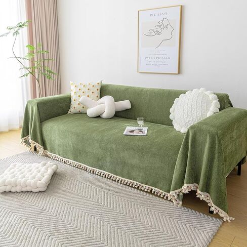 VClife Couch Cover for Dog Green Sofa Covers for Sectional Sofa, Non Slip Chenille Sofa Slipcover Protector with Tassel, Boho Chic Couch Cover Throw Washable Furniture Couch Protector, 71"X118" in Saudi Arabia