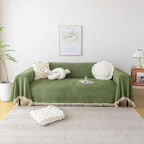 VClife Couch Cover for Dog Green Sofa Covers for Sectional Sofa, Non Slip Chenille Sofa Slipcover Protector with Tassel, Boho Chic Couch Cover Throw Washable Furniture Couch Protector, 71"X118" in Saudi Arabia