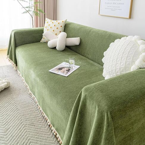 VClife Couch Cover for Dog Green Sofa Covers for Sectional Sofa, Non Slip Chenille Sofa Slipcover Protector with Tassel, Boho Chic Couch Cover Throw Washable Furniture Couch Protector, 71"X118" in Saudi Arabia