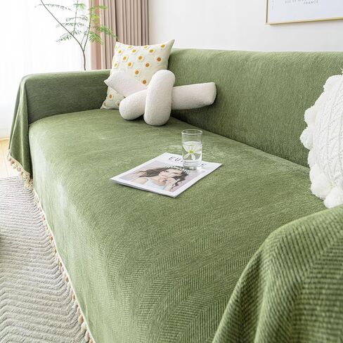VClife Couch Cover for Dog Green Sofa Covers for Sectional Sofa, Non Slip Chenille Sofa Slipcover Protector with Tassel, Boho Chic Couch Cover Throw Washable Furniture Couch Protector, 71"X118" in Saudi Arabia