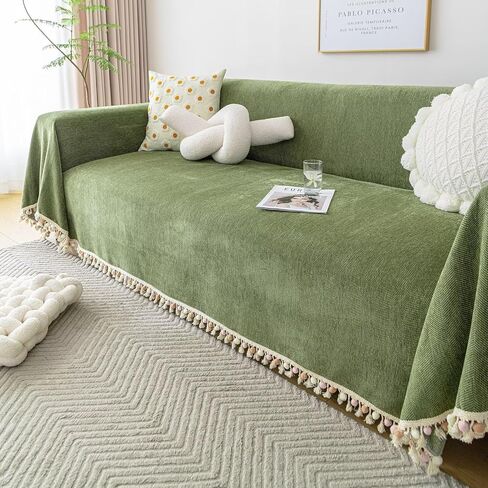 VClife Couch Cover for Dog Green Sofa Covers for Sectional Sofa, Non Slip Chenille Sofa Slipcover Protector with Tassel, Boho Chic Couch Cover Throw Washable Furniture Couch Protector, 71"X118" in Saudi Arabia