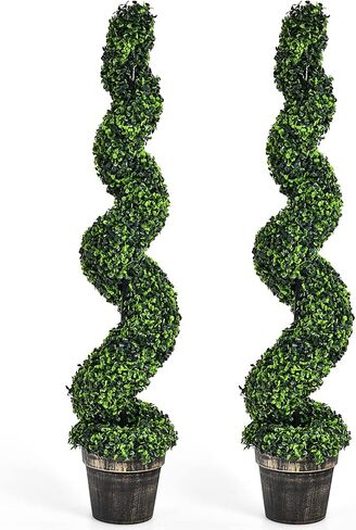 Goplus 4FT Pre-Lit Artificial Spiral Boxwood Topiary Tree, 2 Pack 47" Tall Faux Potted Fake Greenery Plants w/ 100 LED Lights, Nursery Pot, Indoor Outdoor Home Front Porch Holiday Decoration in Saudi Arabia
