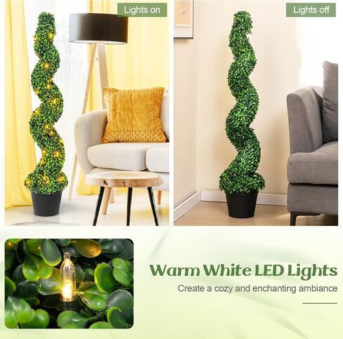 Goplus 4FT Pre-Lit Artificial Spiral Boxwood Topiary Tree, 2 Pack 47" Tall Faux Potted Fake Greenery Plants w/ 100 LED Lights, Nursery Pot, Indoor Outdoor Home Front Porch Holiday Decoration in Saudi Arabia