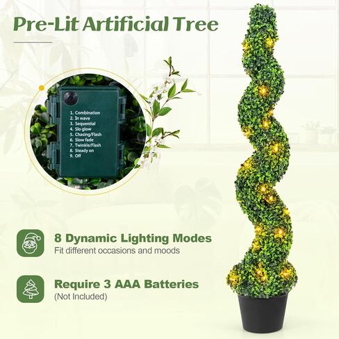 Goplus 4FT Pre-Lit Artificial Spiral Boxwood Topiary Tree, 2 Pack 47" Tall Faux Potted Fake Greenery Plants w/ 100 LED Lights, Nursery Pot, Indoor Outdoor Home Front Porch Holiday Decoration in Saudi Arabia