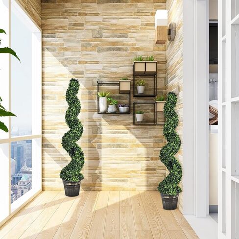 Goplus 4FT Pre-Lit Artificial Spiral Boxwood Topiary Tree, 2 Pack 47" Tall Faux Potted Fake Greenery Plants w/ 100 LED Lights, Nursery Pot, Indoor Outdoor Home Front Porch Holiday Decoration in Saudi Arabia