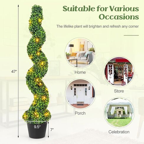 Goplus 4FT Pre-Lit Artificial Spiral Boxwood Topiary Tree, 2 Pack 47" Tall Faux Potted Fake Greenery Plants w/ 100 LED Lights, Nursery Pot, Indoor Outdoor Home Front Porch Holiday Decoration in Saudi Arabia