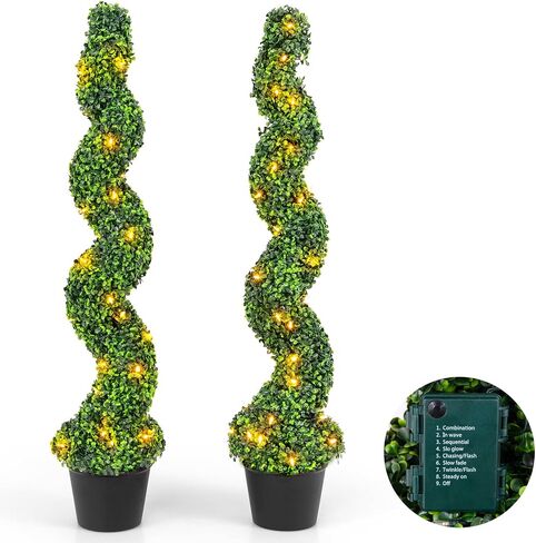 Goplus 4ft 4ft قبل الإضاءة الاصطناعية شجرة الحطب الشجرة توبياري ، 2 حزمة 47 "طول فو ، محفوظات النباتات الخضراء مزيفة مع 100 مصابيح LED ، وعاء الحضانة ، داخلي في الهواء الطلق ، تزيين الشرفة الأمامية الشرفة الأمامية in Kuwait