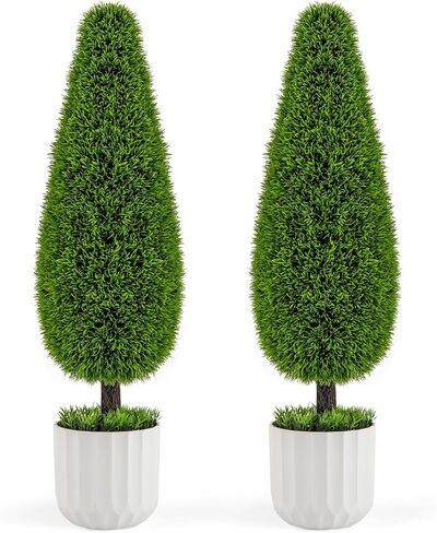 Goplus 3ft 3ft Cedar Teardrop topiary Tree ، 2 Pack Faux Potted Potted مع وعاء حضانة البلاستيك ، وكروم فو ، وتوبيرية مصطنعة دائمة الخضرة لتوبيخ الشرفة الأمامية الداخلية الداخلية في الهواء الطلق. in Saudi Arabia
