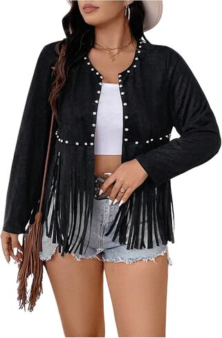 Shenhe Women's Plus Fringe Jacket Faux Suede مسامير مفتوحة الأمامية مقصودة غربًا كارديجان in Saudi Arabia
