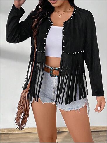 Shenhe Women's Plus Fringe Jacket Faux Suede مسامير مفتوحة الأمامية مقصودة غربًا كارديجان in Saudi Arabia