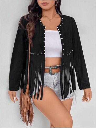 Shenhe Women's Plus Fringe Jacket Faux Suede مسامير مفتوحة الأمامية مقصودة غربًا كارديجان in Saudi Arabia
