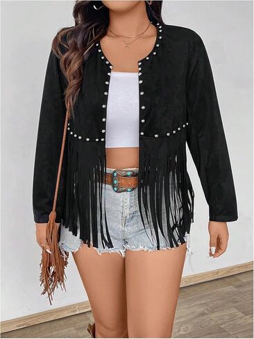 Shenhe Women's Plus Fringe Jacket Faux Suede مسامير مفتوحة الأمامية مقصودة غربًا كارديجان in Saudi Arabia