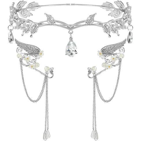 Hicarer 3 Pcs Halloween Rhinestone Leaf Headband Metal Elf Ears Fairy Costume Crown Princess Cosplay for Women(Rose Gold) in Saudi Arabia